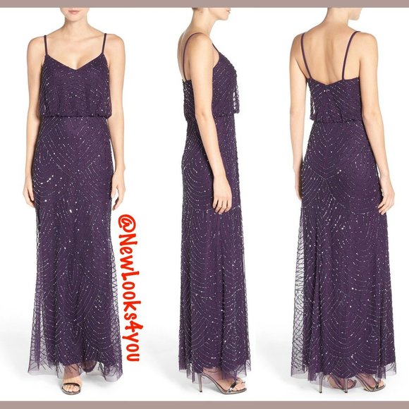NEW Adrianna Papell Embellished Blouson Gown in Amethyst Purple Gunmetal [SZ 4 ] - Picture 1 of 10